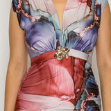Marble Print Ruched Midi Dress with Gold Accent