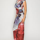 Marble Print Ruched Midi Dress with Gold Accent