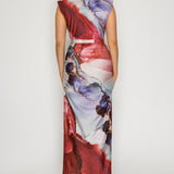 Marble Print Ruched Midi Dress with Gold Accent