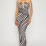Zebra Print Strapless Ruched Midi Dress