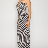Zebra Print Strapless Ruched Midi Dress