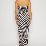 Zebra Print Strapless Ruched Midi Dress