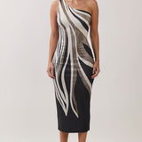 Abstract Print One-Shoulder Midi Dress