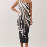 Abstract Print One-Shoulder Midi Dress