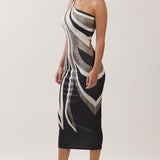 Abstract Print One-Shoulder Midi Dress