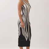 Abstract Print One-Shoulder Midi Dress