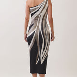 Abstract Print One-Shoulder Midi Dress