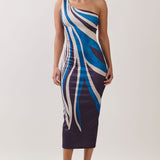 Abstract Print One-Shoulder Midi Dress