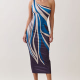 Abstract Print One-Shoulder Midi Dress