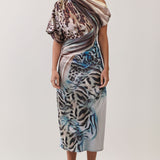 Printed One-Shoulder Draped Midi Dress