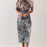 Printed One-Shoulder Draped Midi Dress