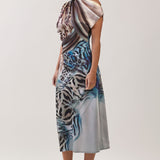 Printed One-Shoulder Draped Midi Dress