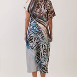 Printed One-Shoulder Draped Midi Dress