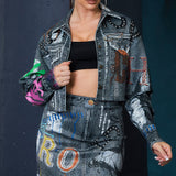Graffiti Denim Effect Crop Jacket (JACKET ONLY)