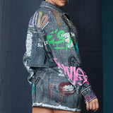 Graffiti Denim Effect Crop Jacket (JACKET ONLY)