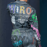 Graffiti Denim Effect Crop Jacket (JACKET ONLY)