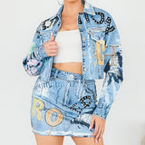 Graffiti Denim Effect Crop Jacket (JACKET ONLY)