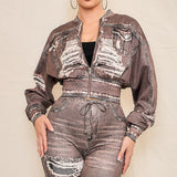 Denim Effect Cropped Zip-Up Jacket (JACKET ONLY)