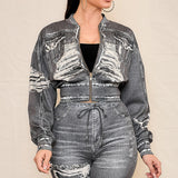 Denim Effect Cropped Zip-Up Jacket (JACKET ONLY)