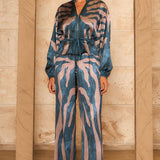 Zebra Print Satin Zip-Up Top & Wide Leg Pants Set