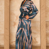 Zebra Print Satin Zip-Up Top & Wide Leg Pants Set