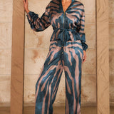 Zebra Print Satin Zip-Up Top & Wide Leg Pants Set