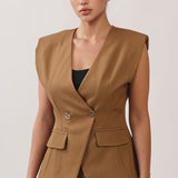 Double-Breasted Tailored V-Neck Vest & Pleated Wide-Leg Tailored Pants (VEST ONLY)