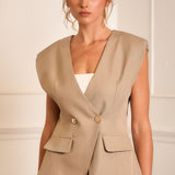 Double-Breasted Tailored V-Neck Vest & Pleated Wide-Leg Tailored Pants (VEST ONLY)