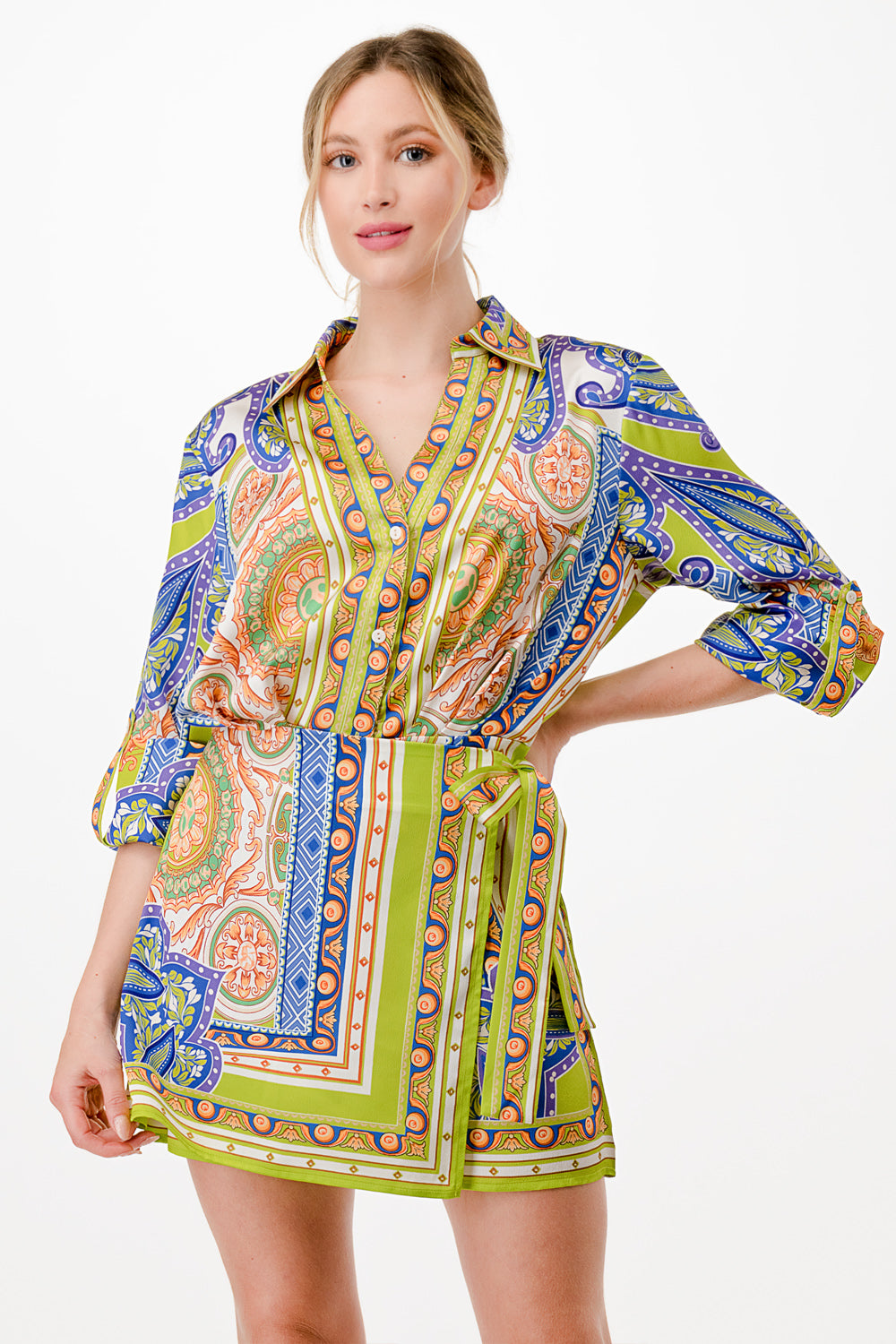 long sleeve button down shirt romper with front scarf wrap