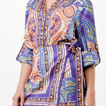 long sleeve button down shirt romper with front scarf wrap