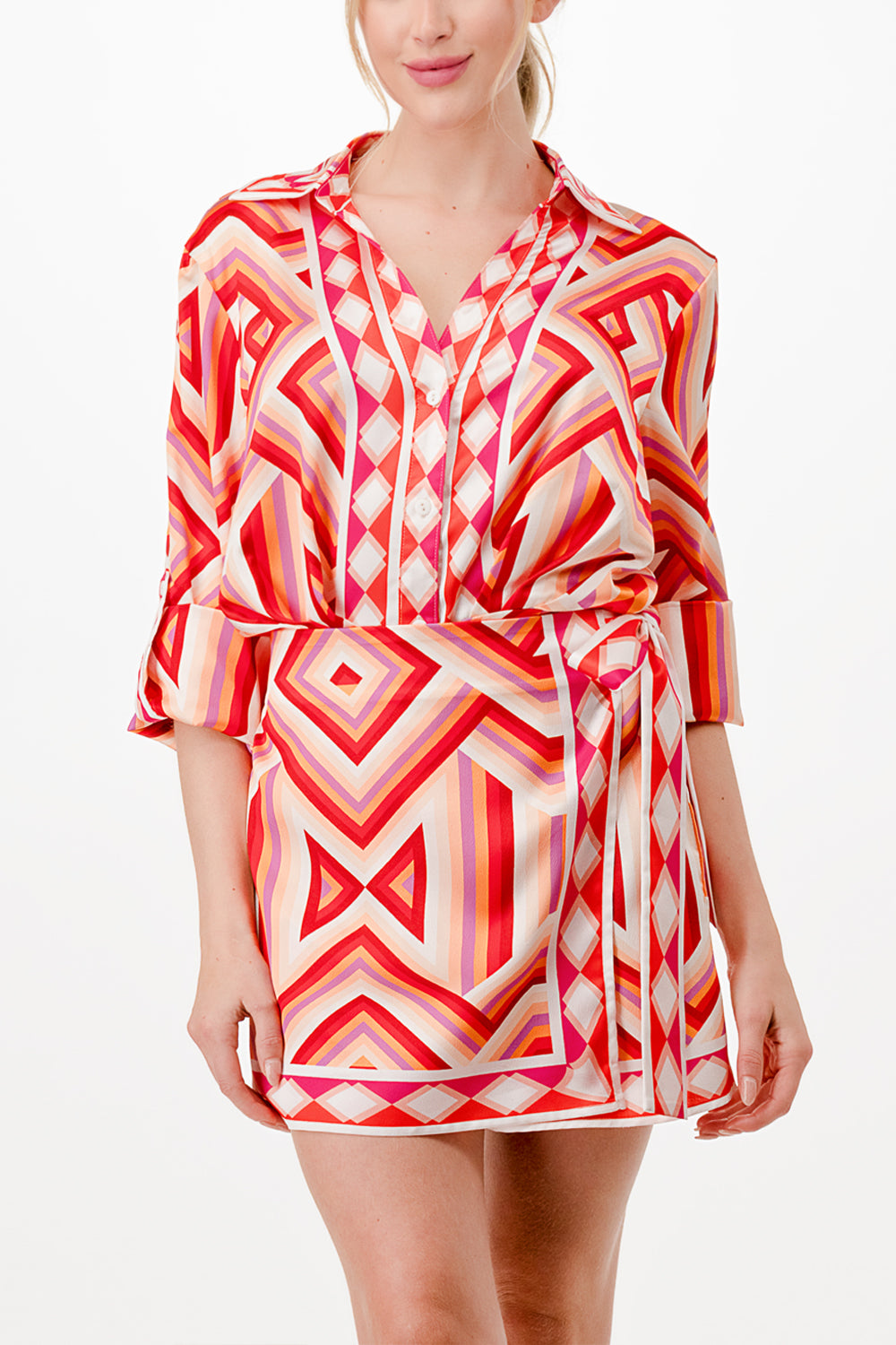 long sleeve button down shirt romper with front scarf wrap