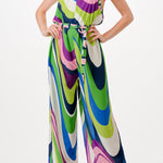 halter neck wide leg jumpsuit with belt