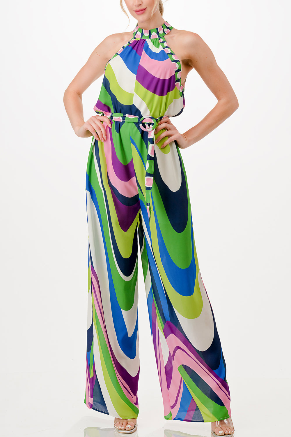 halter neck wide leg jumpsuit with belt