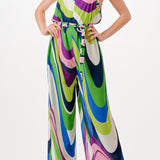 halter neck wide leg jumpsuit with belt