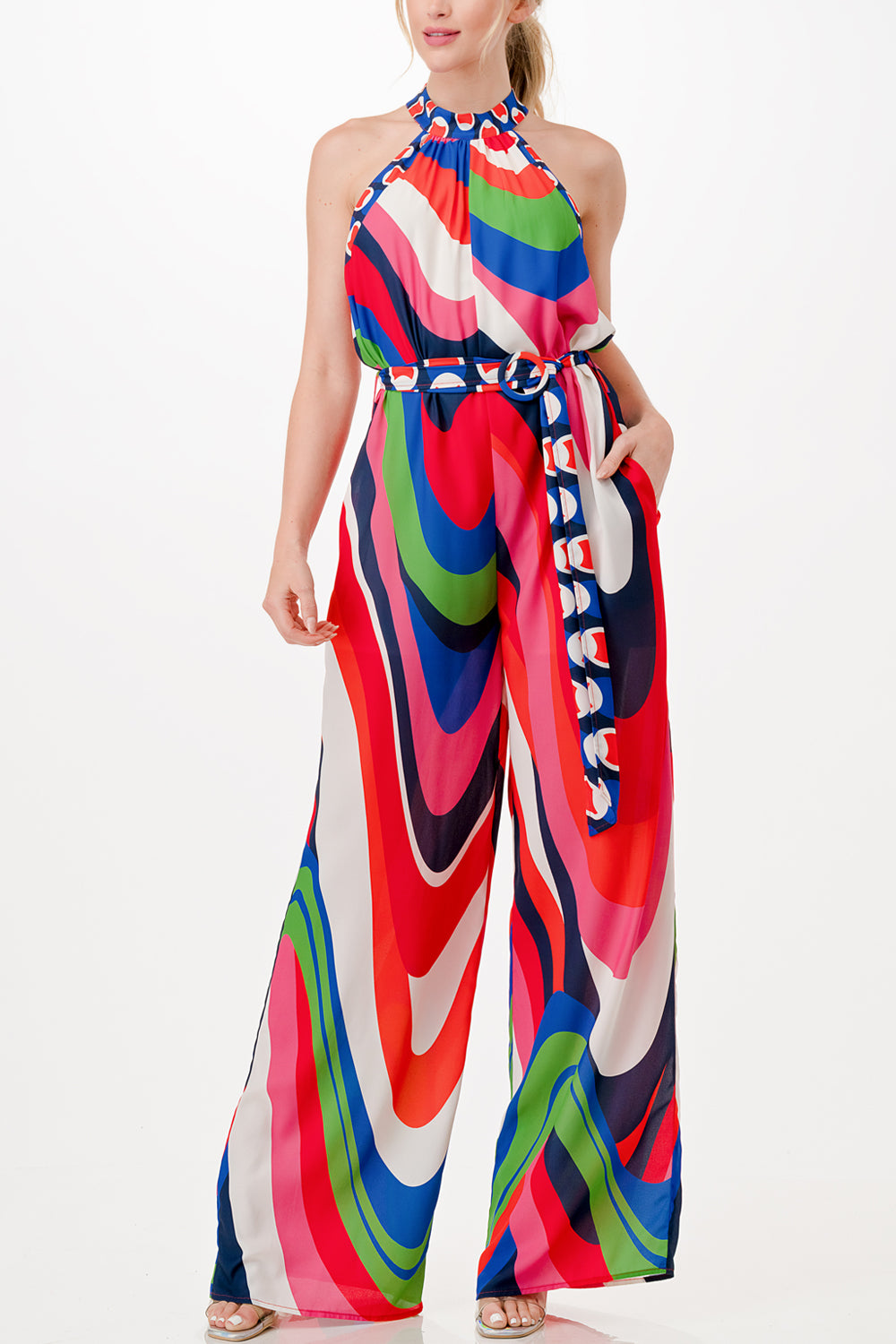 halter neck wide leg jumpsuit with belt