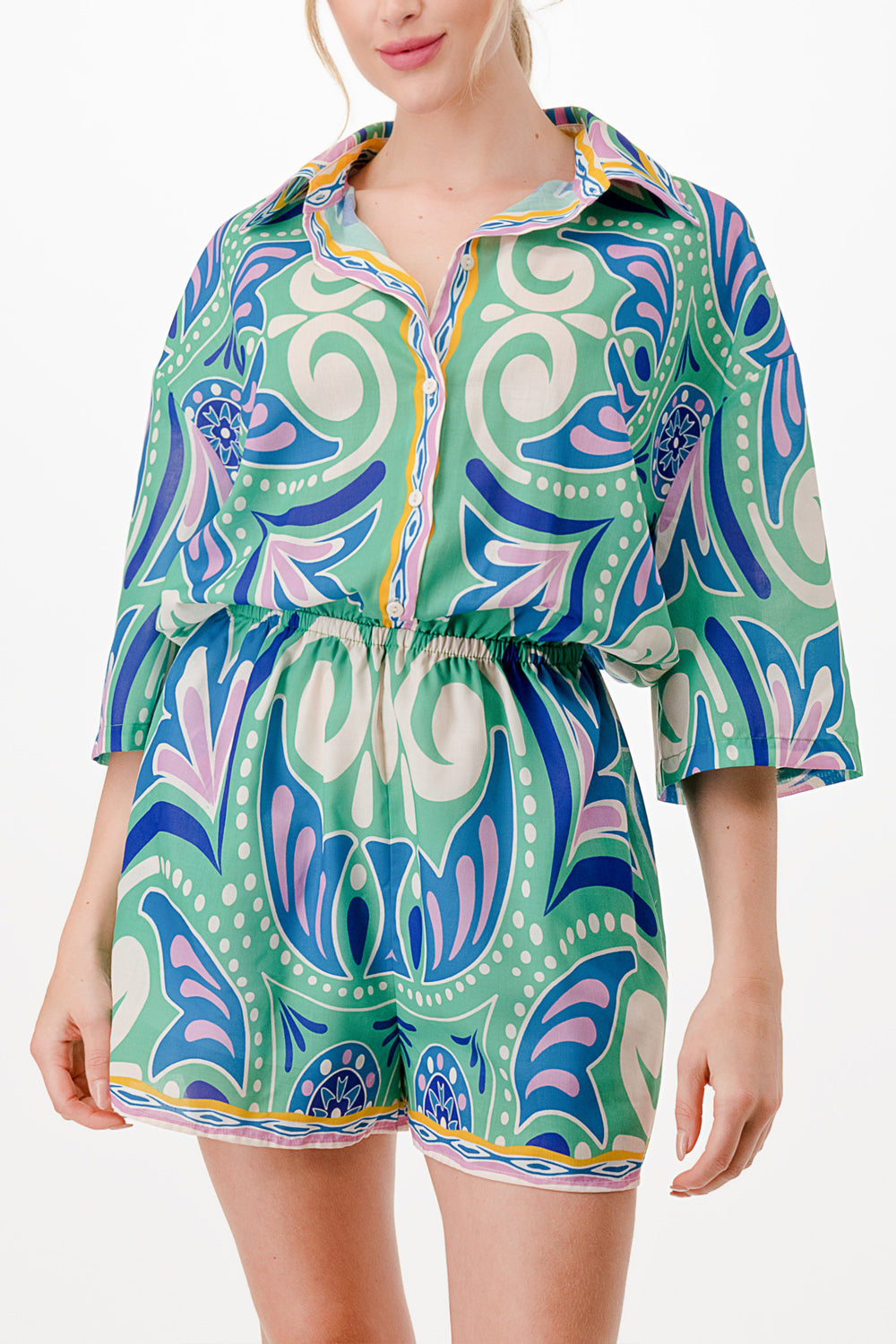 linen half sleeve button down romper