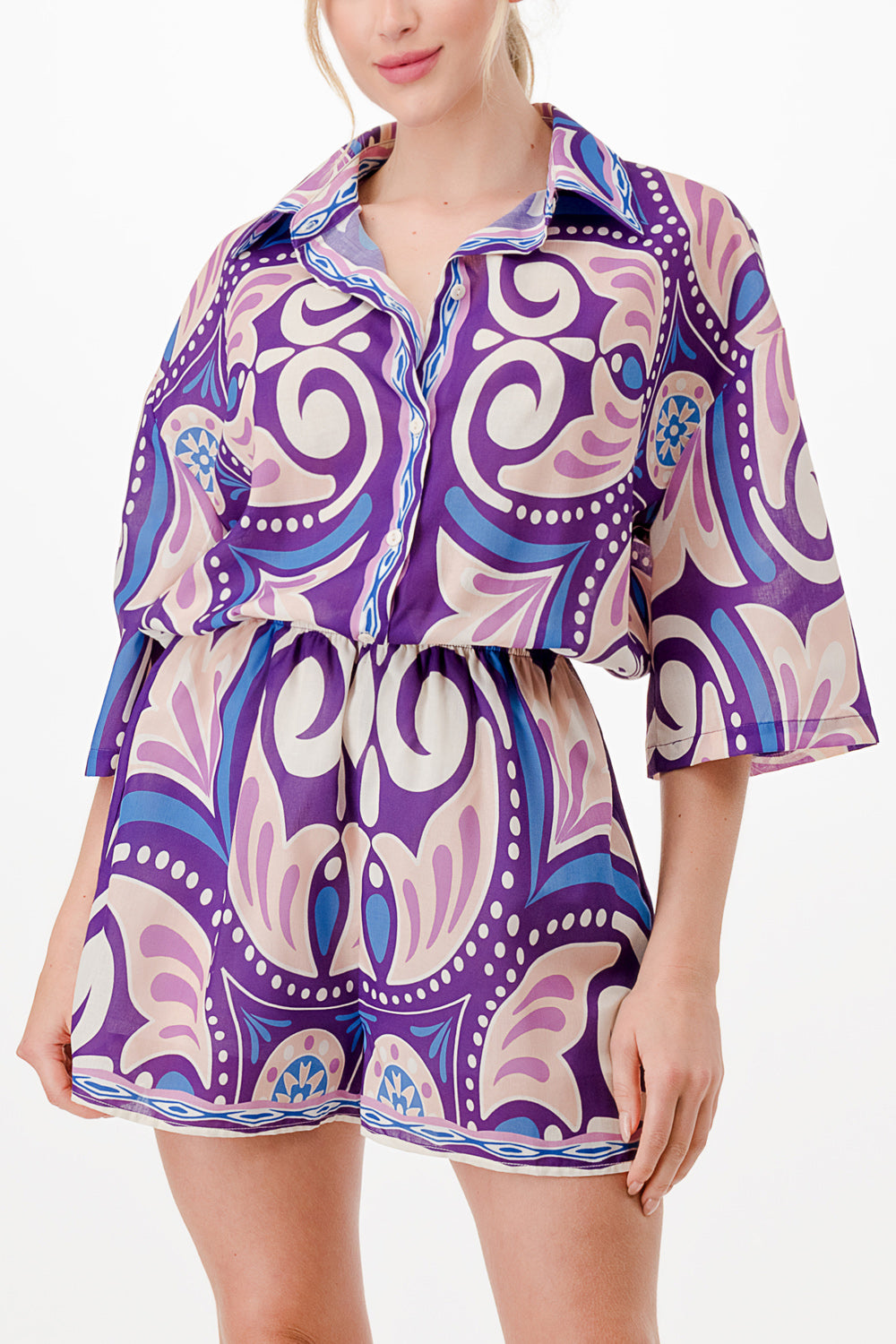 linen half sleeve button down romper