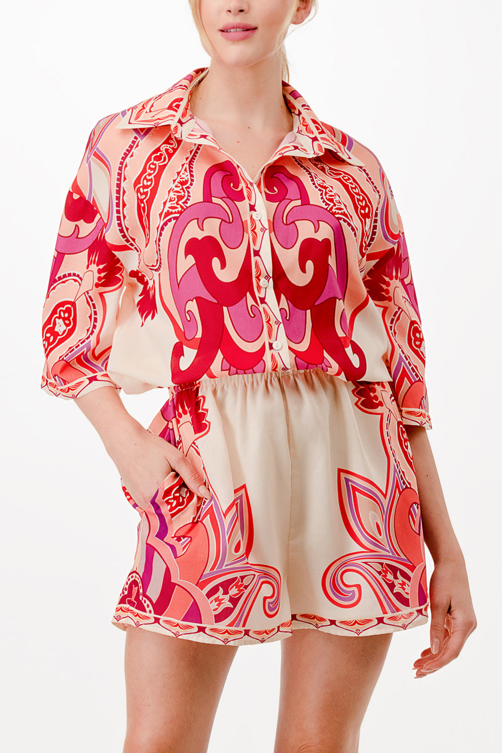 linen half sleeve button down romper