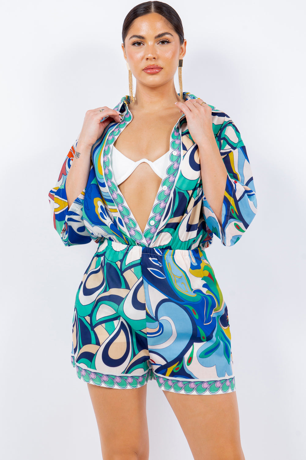 linen half sleeve button down romper