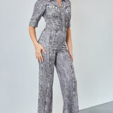 Denim Effect Half Sleeve Wide Leg Jumpsuit