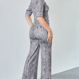 Denim Effect Half Sleeve Wide Leg Jumpsuit