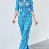 Denim Effect Half Sleeve Wide Leg Jumpsuit