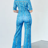 Denim Effect Half Sleeve Wide Leg Jumpsuit