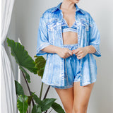 Denim Print Satin Bra Top & Short Pants Set