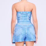 Denim Effect Corset Top & Skort Style Romper
