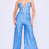 Denim Print Strapless Bustier Style Wide Leg Jumpsuit