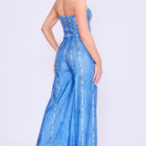 Denim Print Strapless Bustier Style Wide Leg Jumpsuit