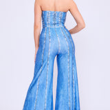 Denim Print Strapless Bustier Style Wide Leg Jumpsuit