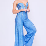 Denim Print Strapless Bustier Style Wide Leg Jumpsuit