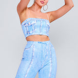 Denim Effect Crop Top & Wide Pants Set